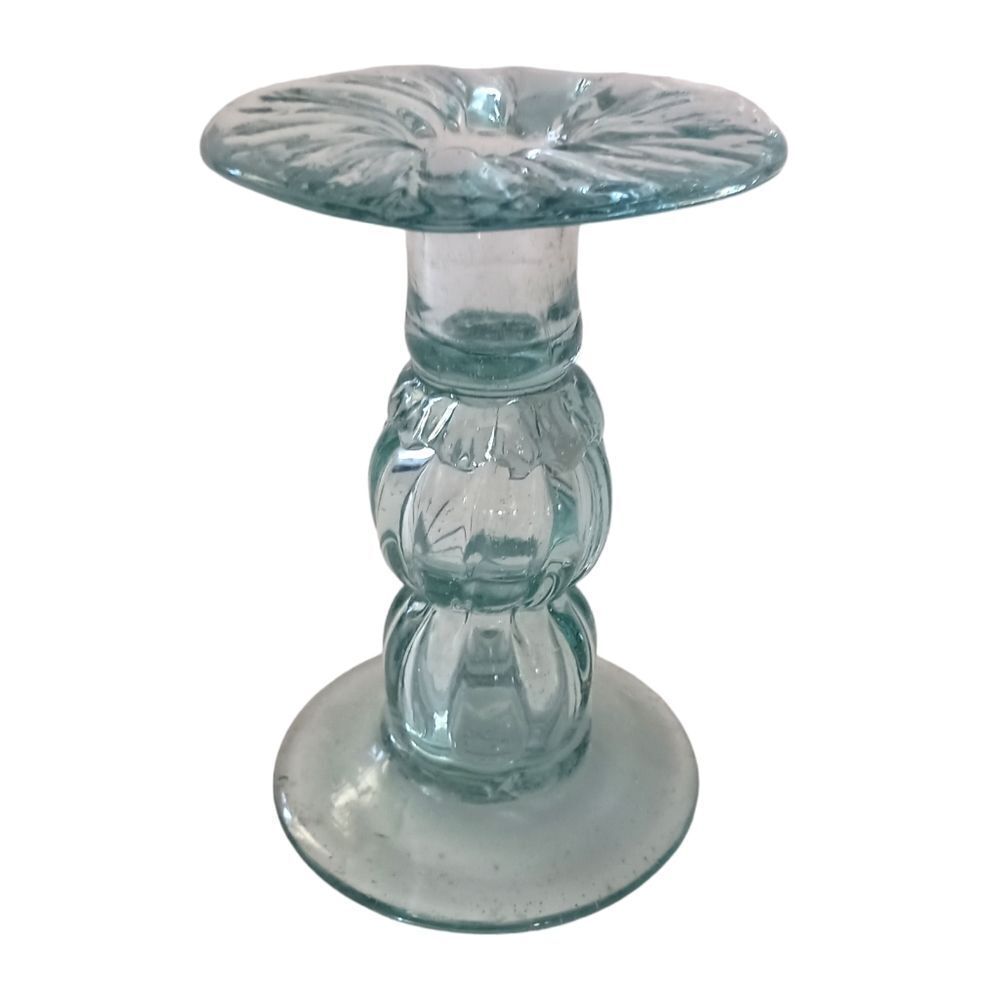 Hand‎ Blown Art Glass Candlestick Holder Taper SINGLE ICY Blue Mexico Beachy Vtg